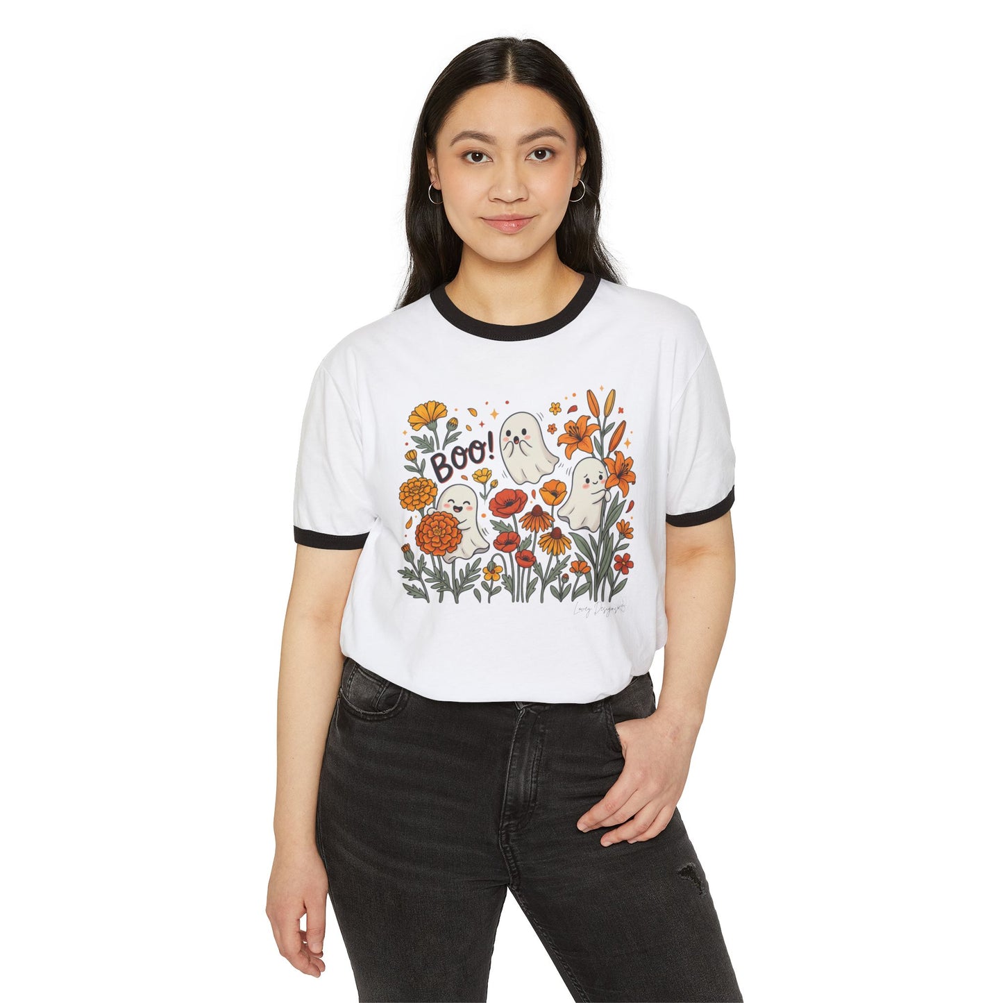 Halloween Ghosts Floral Ringer T-Shirt – 'Boo!' Autumn Pumpkin Patch Tee