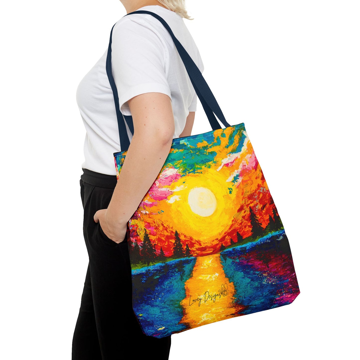 Sunset Lake Tote Bag – Vibrant Hand-Painted Sunset Canvas Carryall