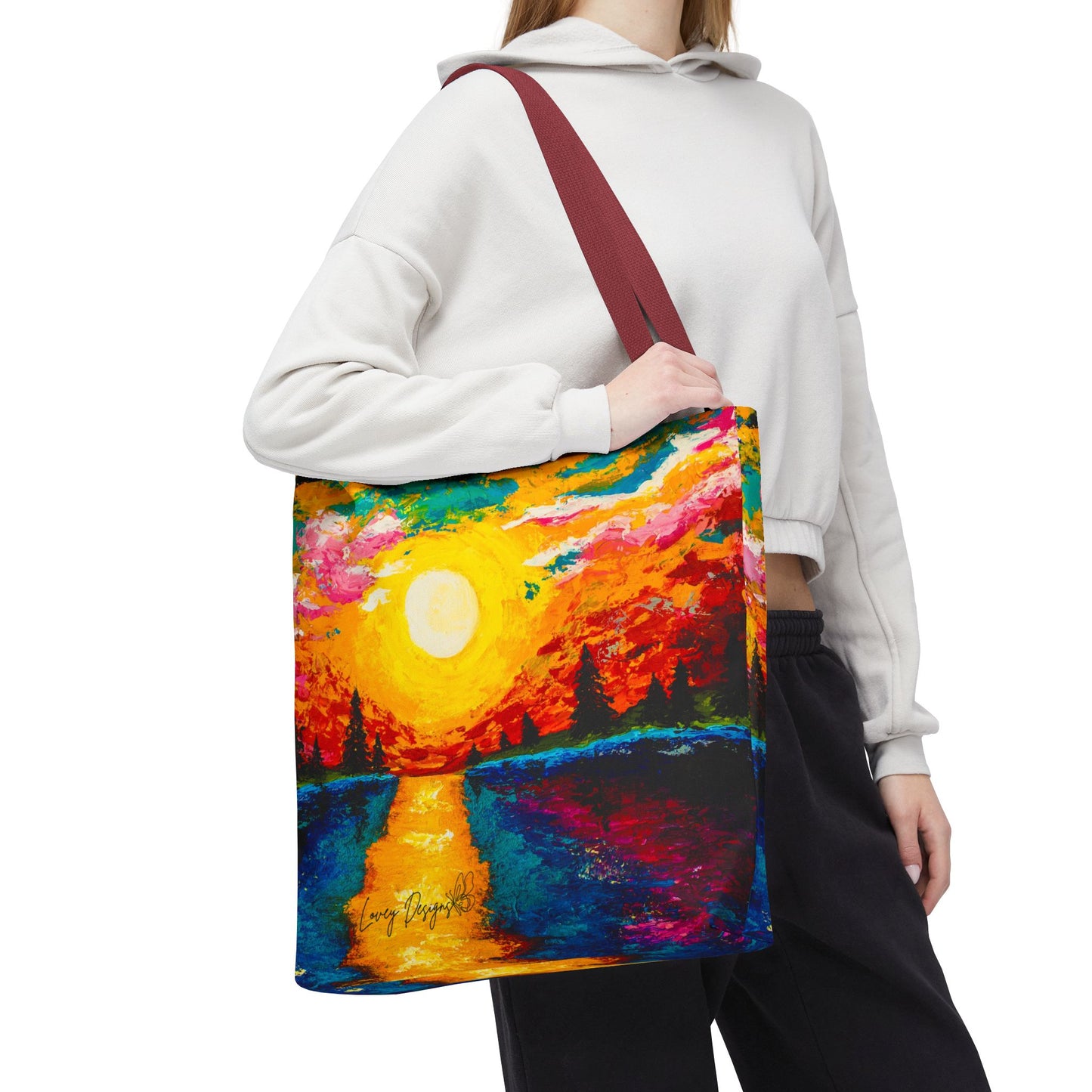 Sunset Lake Tote Bag – Vibrant Hand-Painted Sunset Canvas Carryall