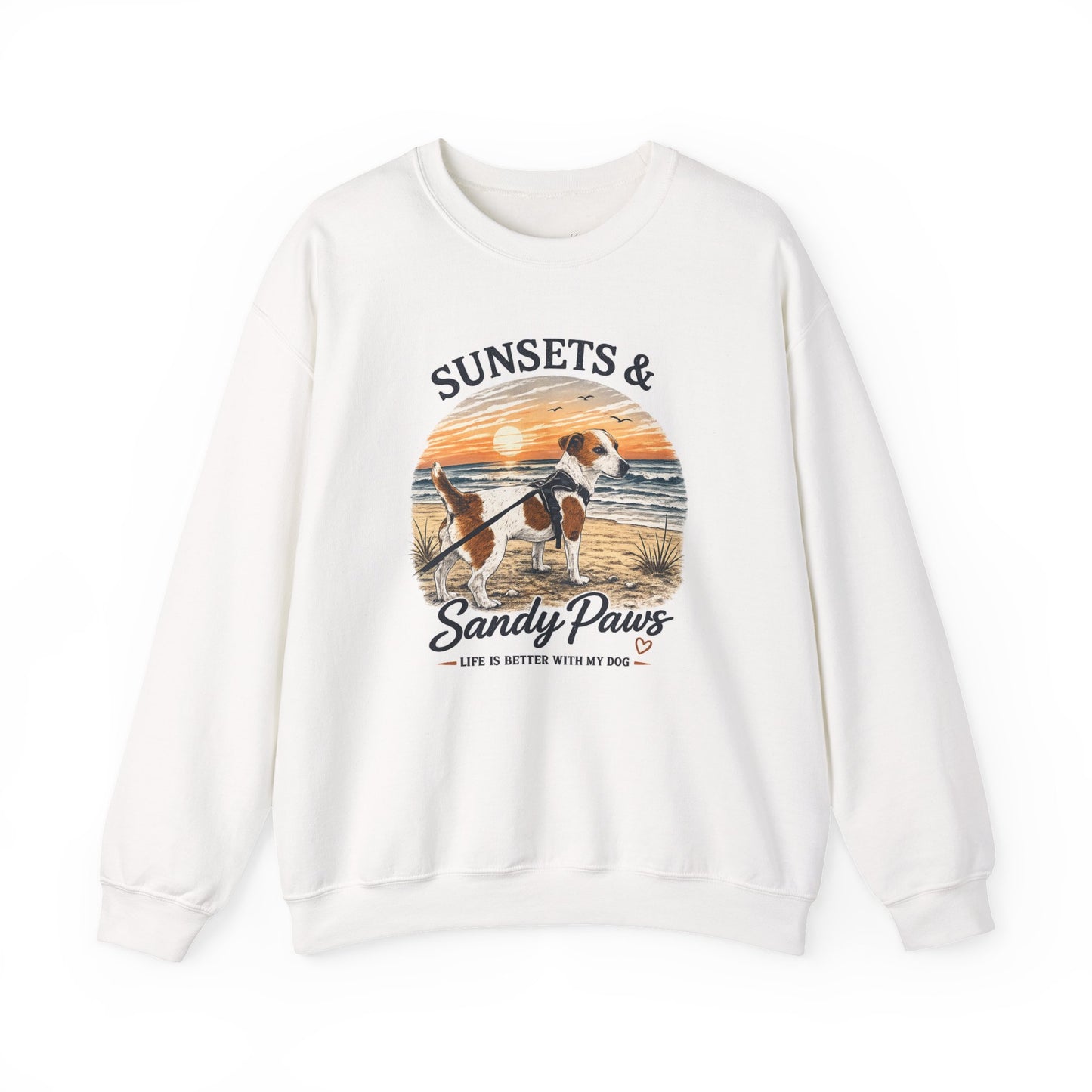 Sunsets & Sandy Paws Crewneck Sweatshirt – Beach Dog Graphic