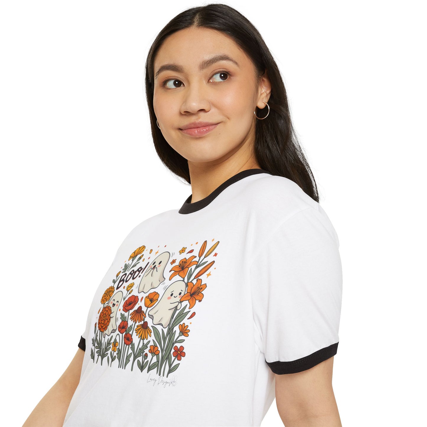 Halloween Ghosts Floral Ringer T-Shirt – 'Boo!' Autumn Pumpkin Patch Tee