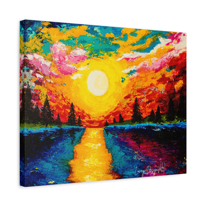 Sunset Lake Canvas Wall Art — Vibrant Abstract Landscape on Matte Stretched Canvas