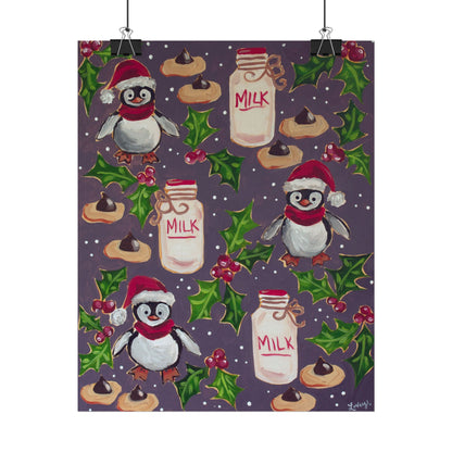 Holiday Penguin Poster — Cute Milk & Cookies Christmas Wall Art