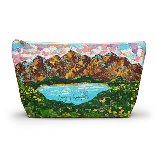 Faith Moves Mountains Accessory Pouch — Floral Landscape T-Bottom Makeup Bag