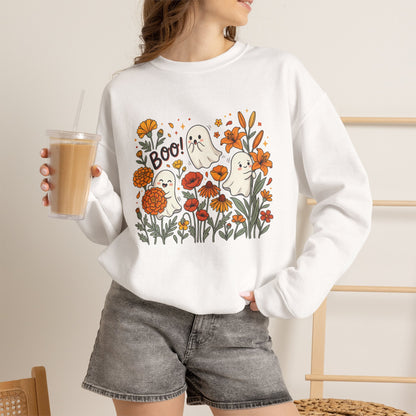 Halloween Ghosts Floral Sweatshirt — 'Boo!' Autumn Crewneck