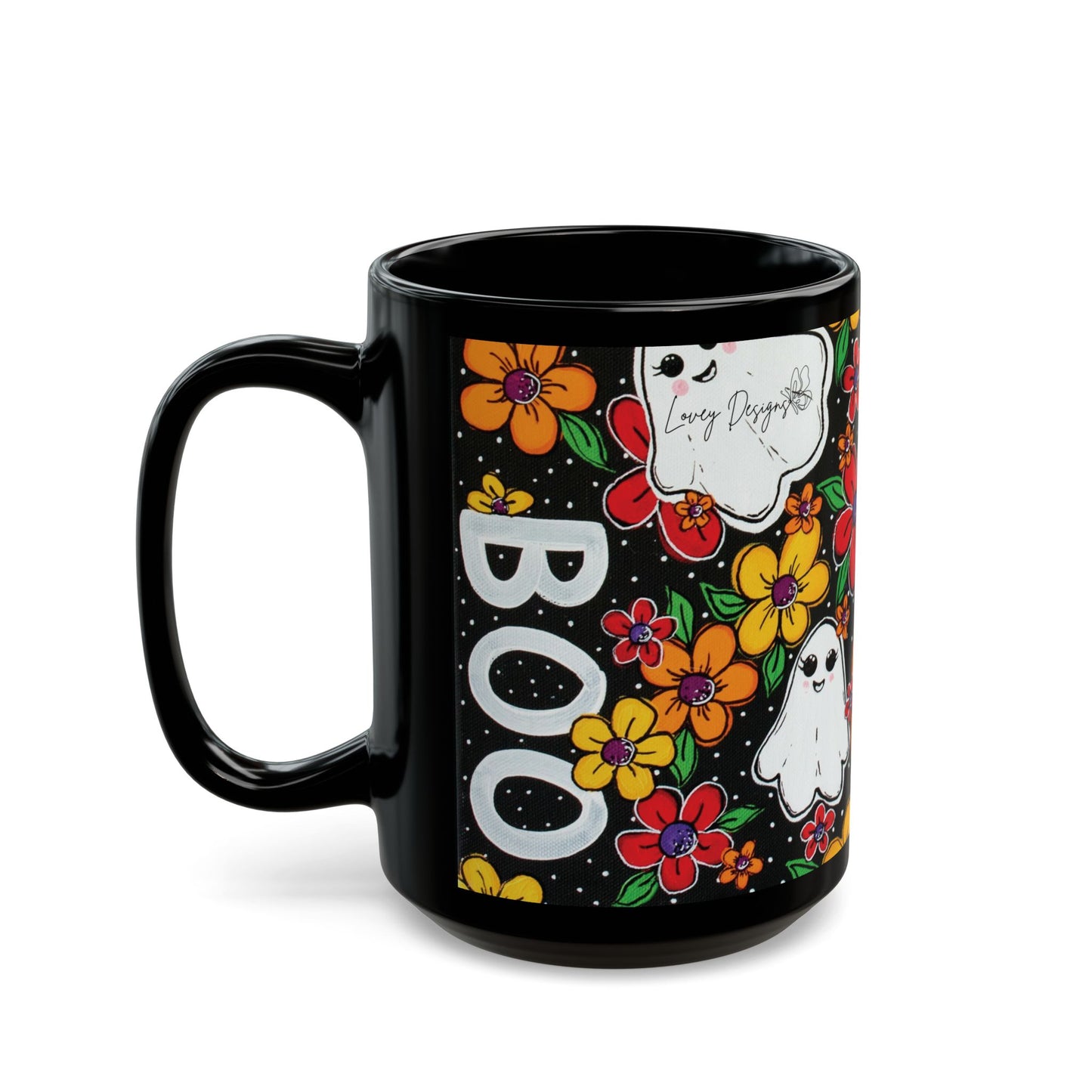 Whimsical Halloween Mug, Black Ghost Mug, Floral Boo Mug, Cute Halloween Gift, Spooky Coffee Cup - "Haunted Garden"