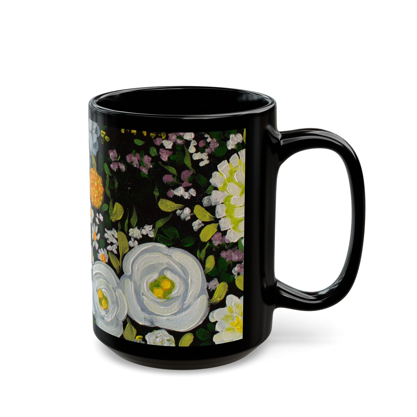Floral Midnight Garden Black Mug — White & Yellow Blossom Coffee Cup (11oz/15oz)