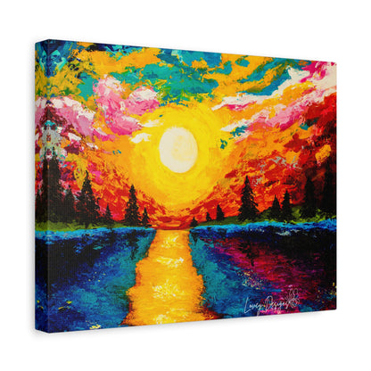 Sunset Lake Canvas Wall Art — Vibrant Abstract Landscape on Matte Stretched Canvas