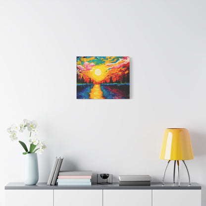 Sunset Lake Canvas Wall Art — Vibrant Abstract Landscape on Matte Stretched Canvas