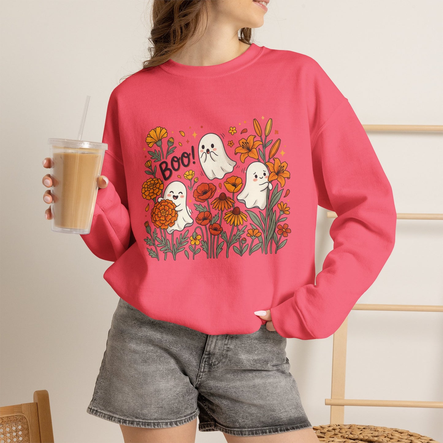 Halloween Ghosts Floral Sweatshirt — 'Boo!' Autumn Crewneck