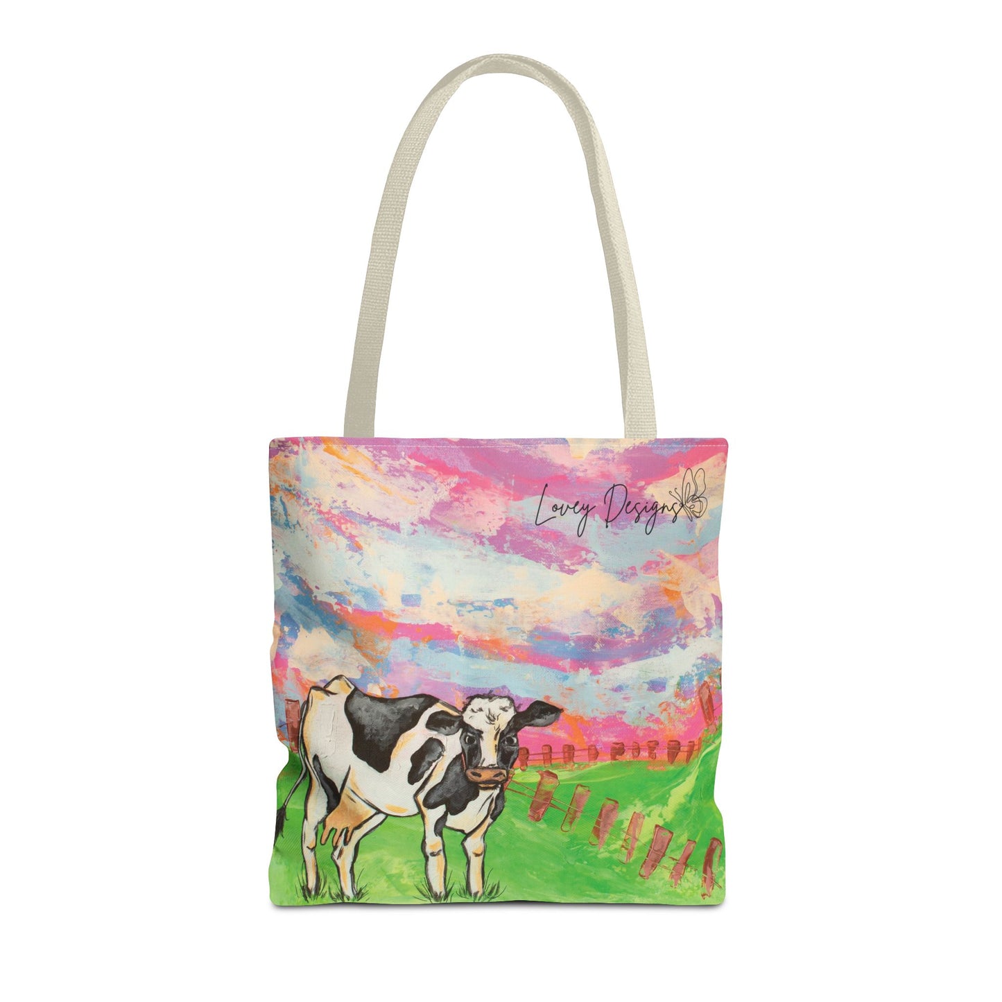 Cow Art Tote Bag — 'Love, Days' Pastel Farm Illustration