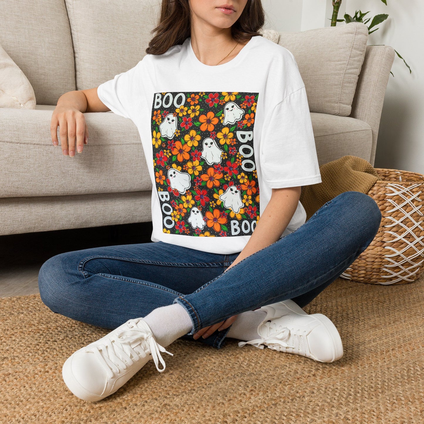 Halloween Ghost Floral T‑Shirt — 'BOO' Cute Retro Ghosts & Orange Flowers