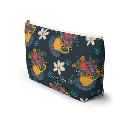 Floral Teacup Accessory Pouch — Zippered Makeup Bag with T‑Bottom