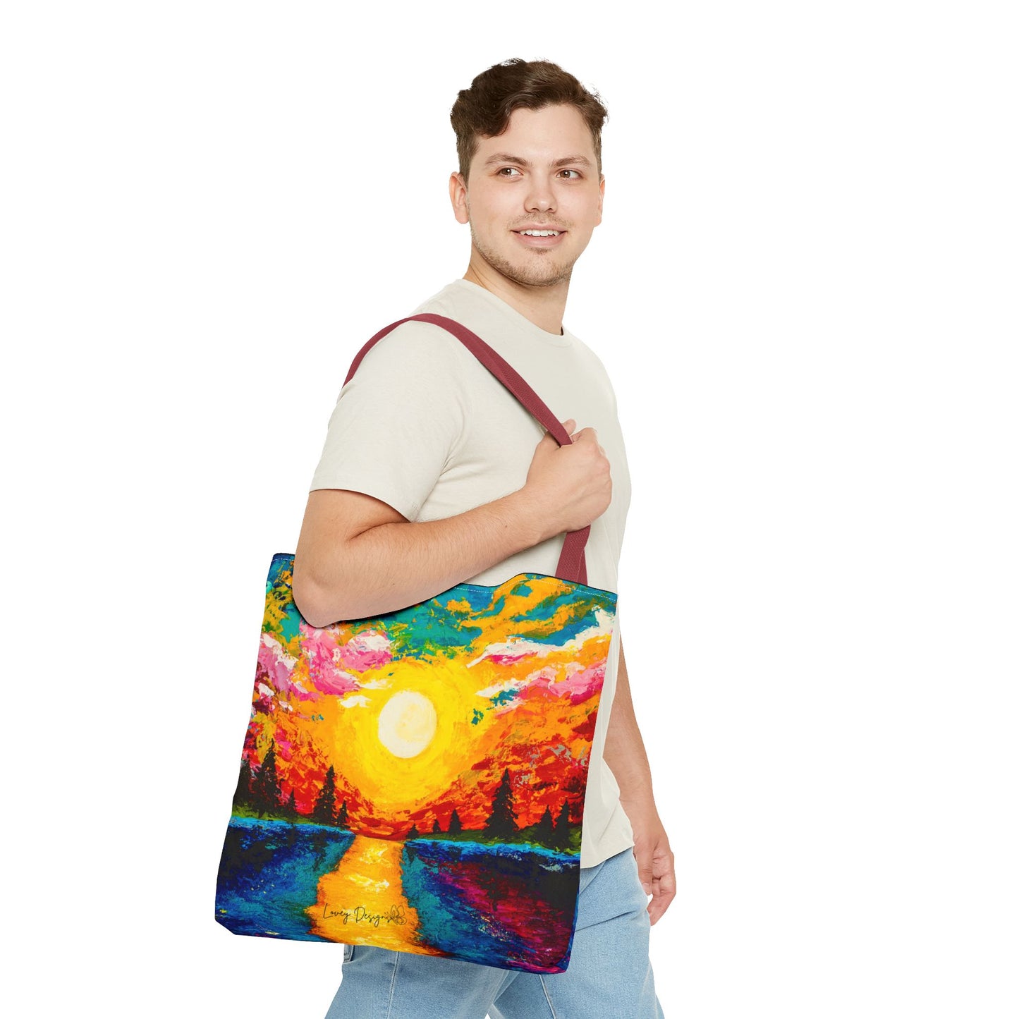 Sunset Lake Tote Bag – Vibrant Hand-Painted Sunset Canvas Carryall
