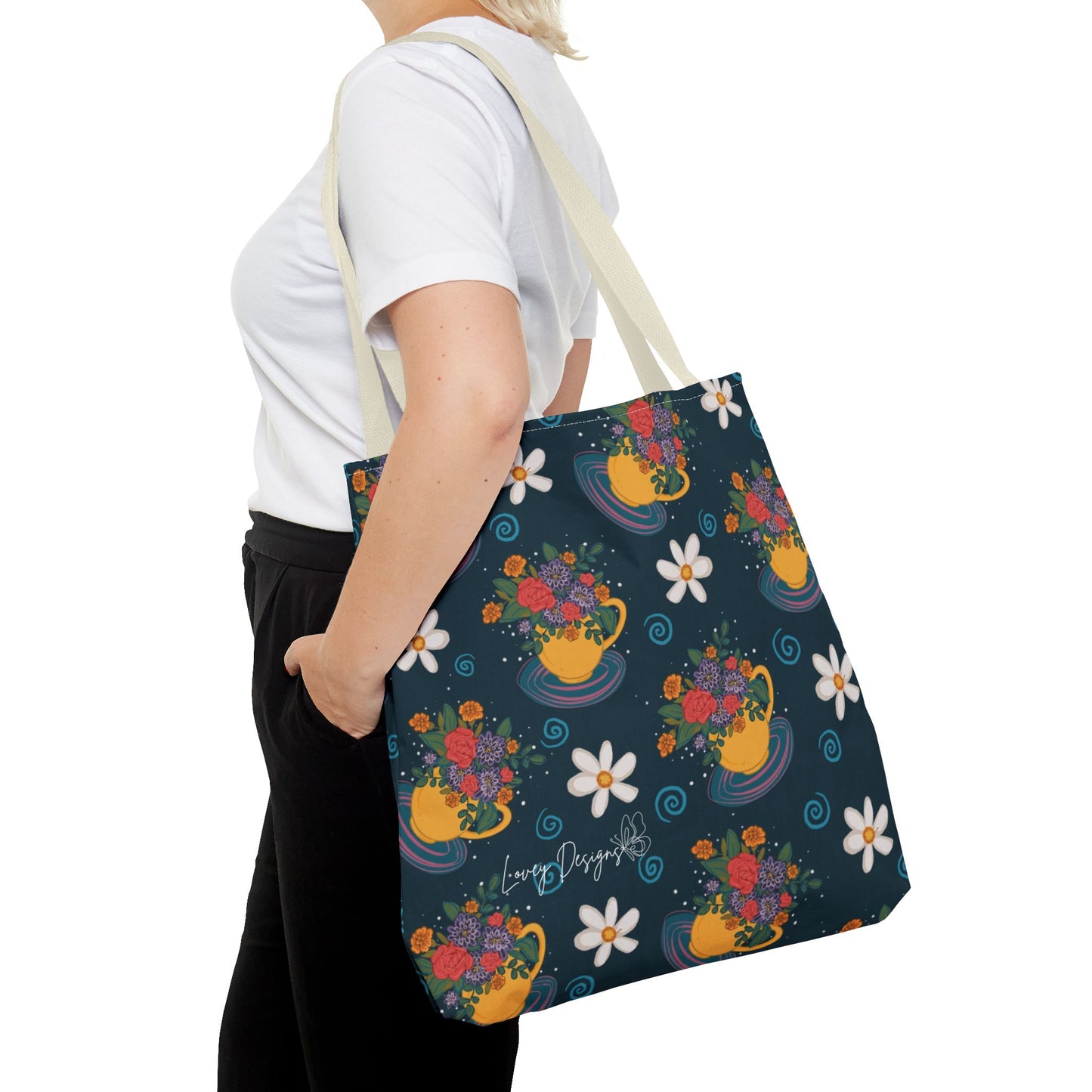 Floral Teacup Pattern Tote Bag – Vintage Daisies & Bouquet All-Over Print