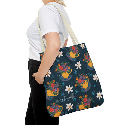 Floral Teacup Pattern Tote Bag – Vintage Daisies & Bouquet All-Over Print