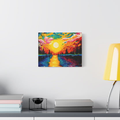 Sunset Lake Canvas Wall Art — Vibrant Abstract Landscape on Matte Stretched Canvas