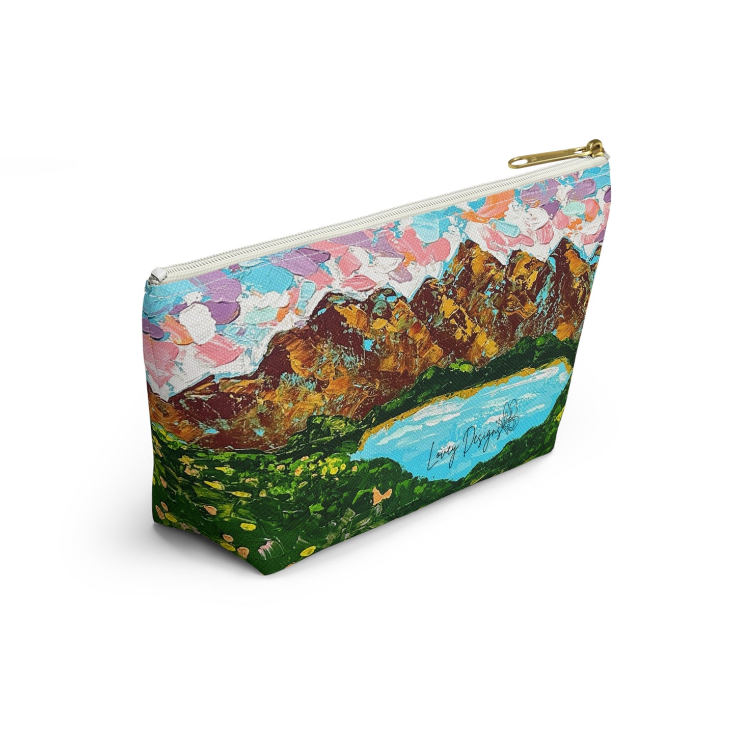 Faith Moves Mountains Accessory Pouch — Floral Landscape T-Bottom Makeup Bag