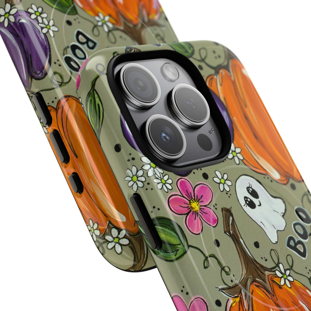 Halloween Pumpkin Ghost Tough Magnetic Phone Case — 'Boo' Fall Floral iPhone Cover