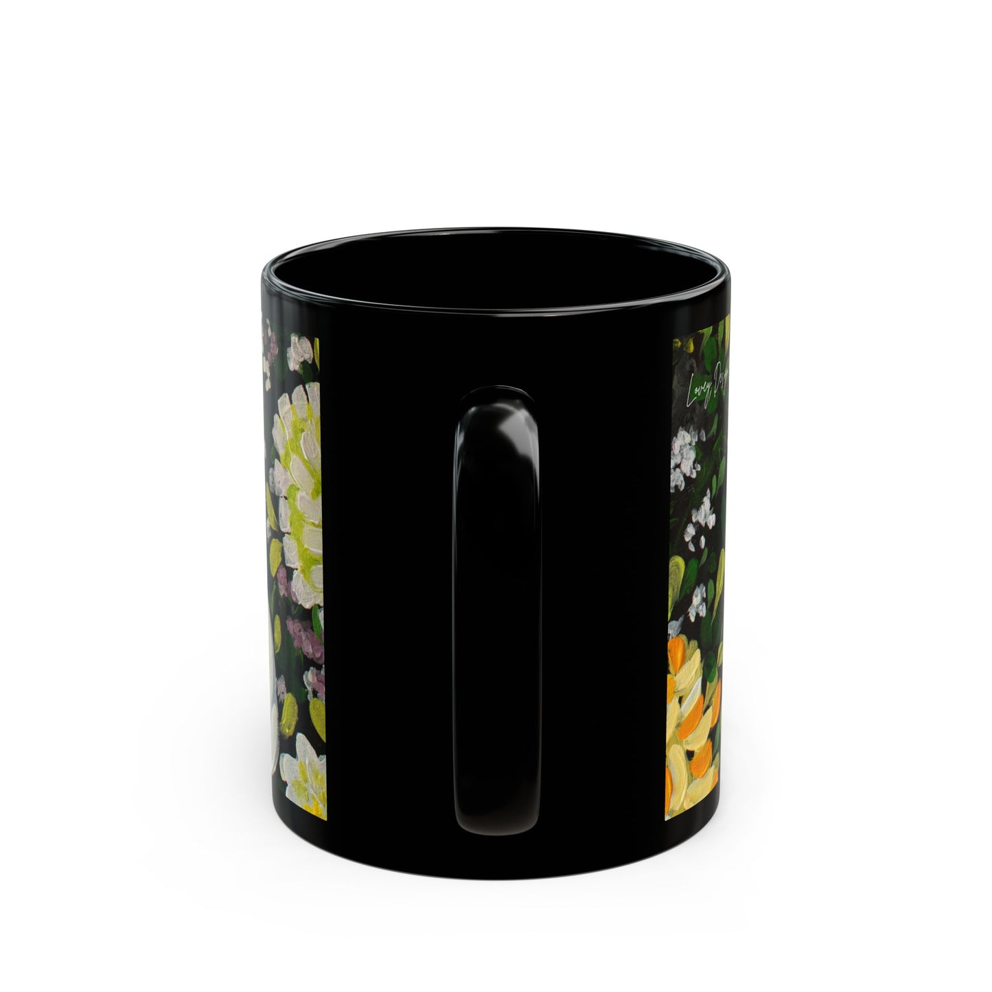 Floral Midnight Garden Black Mug — White & Yellow Blossom Coffee Cup (11oz/15oz)