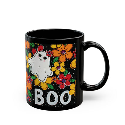 Whimsical Halloween Mug, Black Ghost Mug, Floral Boo Mug, Cute Halloween Gift, Spooky Coffee Cup - "Haunted Garden"