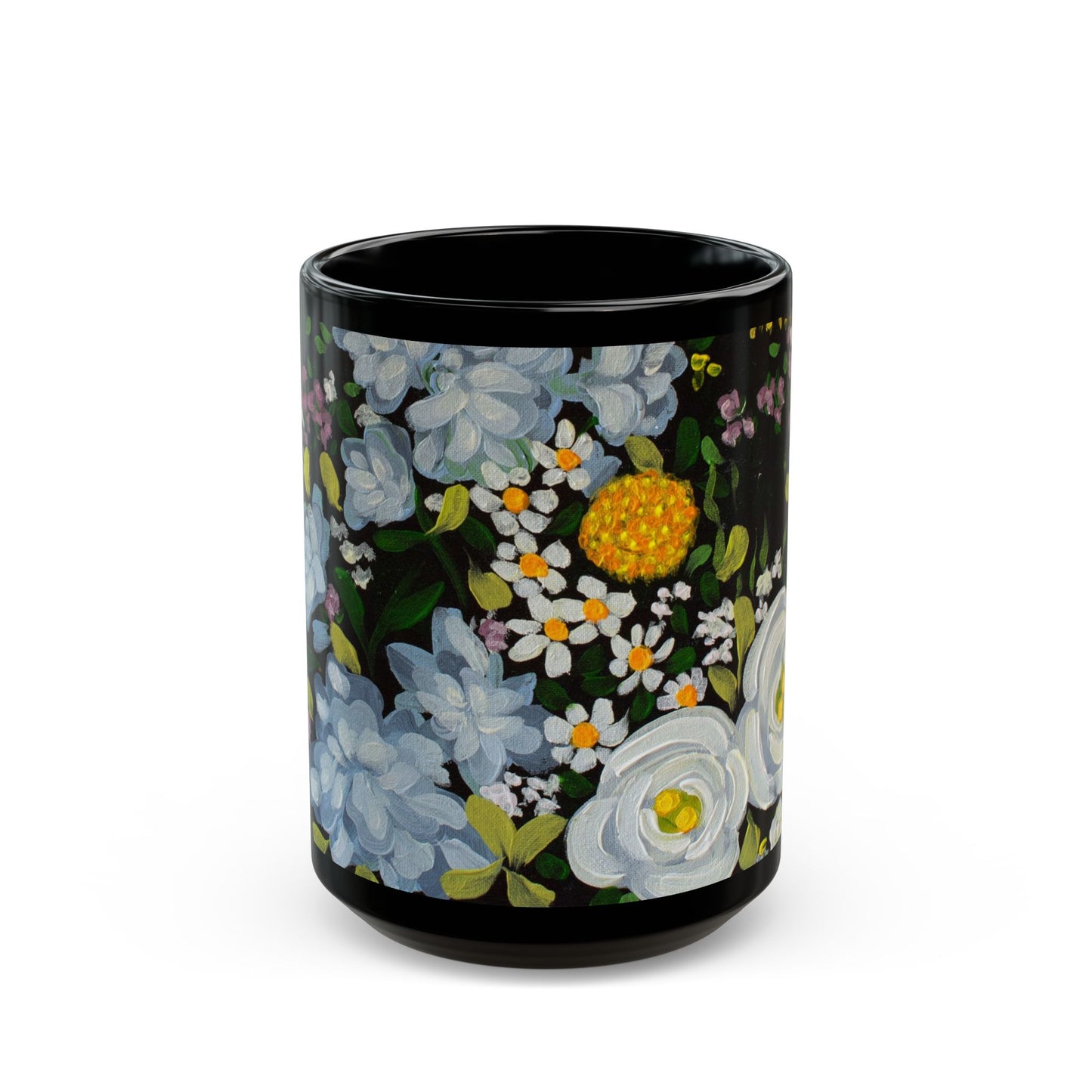 Floral Midnight Garden Black Mug — White & Yellow Blossom Coffee Cup (11oz/15oz)
