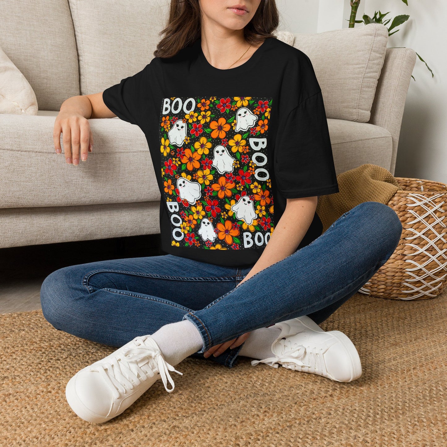 Halloween Ghost Floral T‑Shirt — 'BOO' Cute Retro Ghosts & Orange Flowers