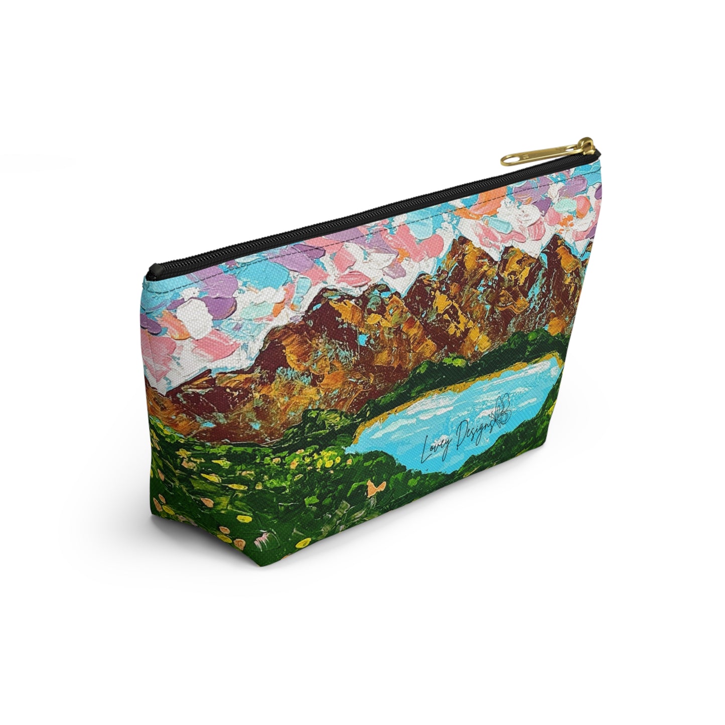 Faith Moves Mountains Accessory Pouch — Floral Landscape T-Bottom Makeup Bag