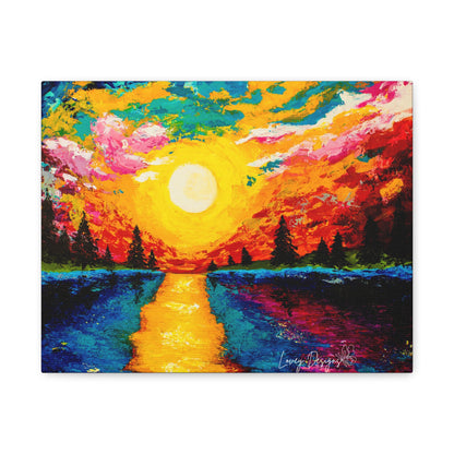 Sunset Lake Canvas Wall Art — Vibrant Abstract Landscape on Matte Stretched Canvas
