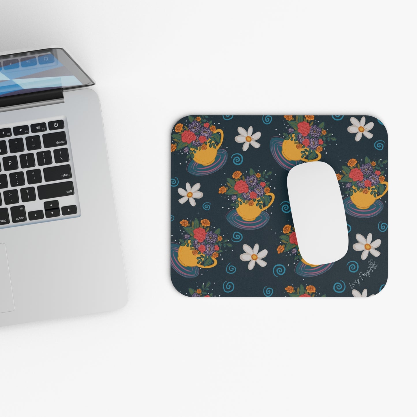 Floral Teacup Mouse Pad — Navy Garden Pattern