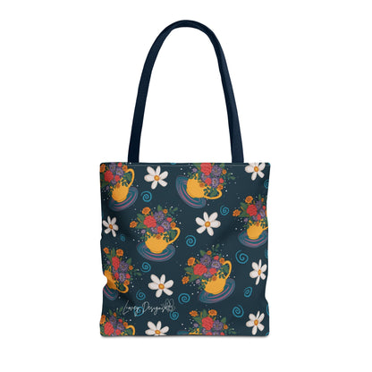 Floral Teacup Pattern Tote Bag – Vintage Daisies & Bouquet All-Over Print