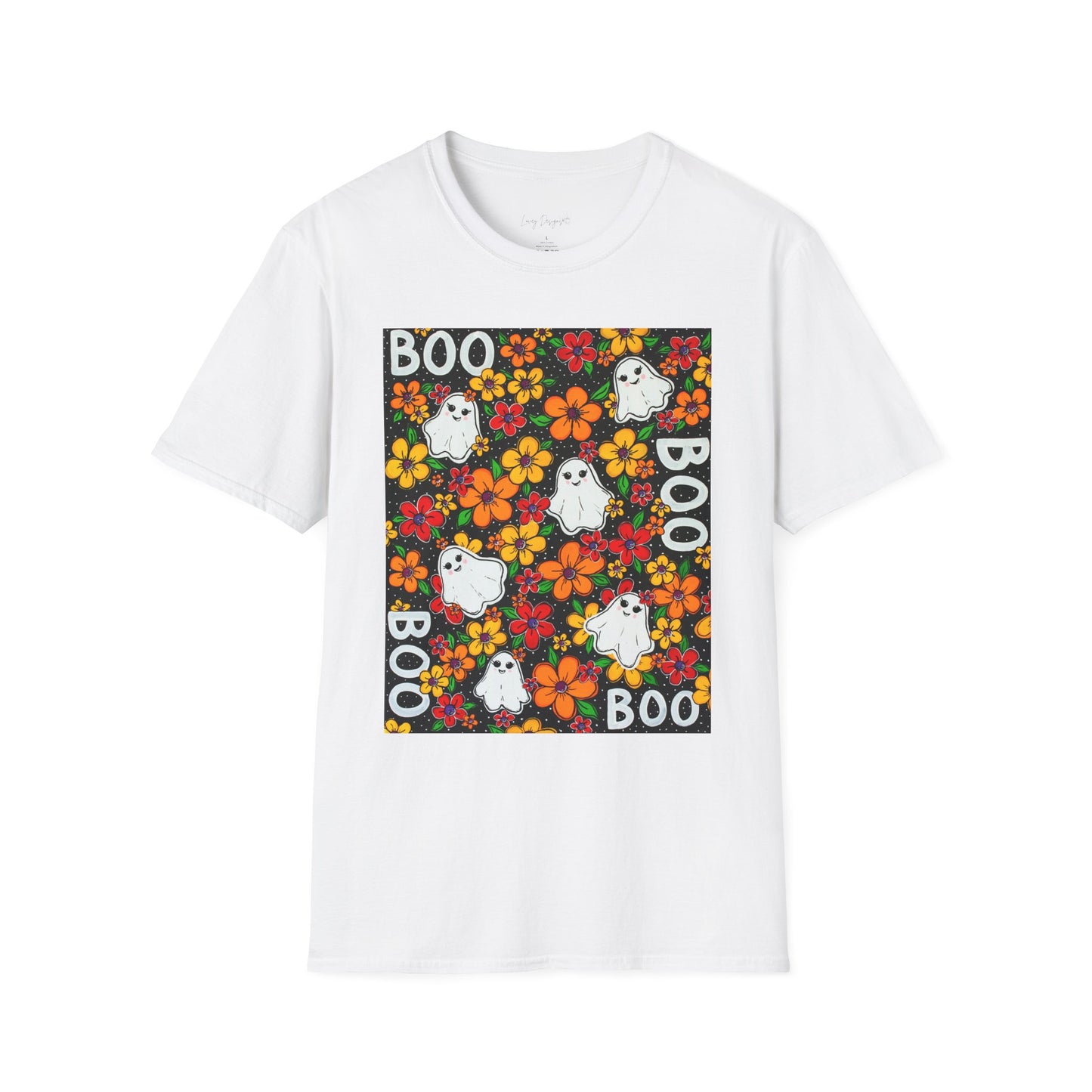 Halloween Ghost Floral T‑Shirt — 'BOO' Cute Retro Ghosts & Orange Flowers