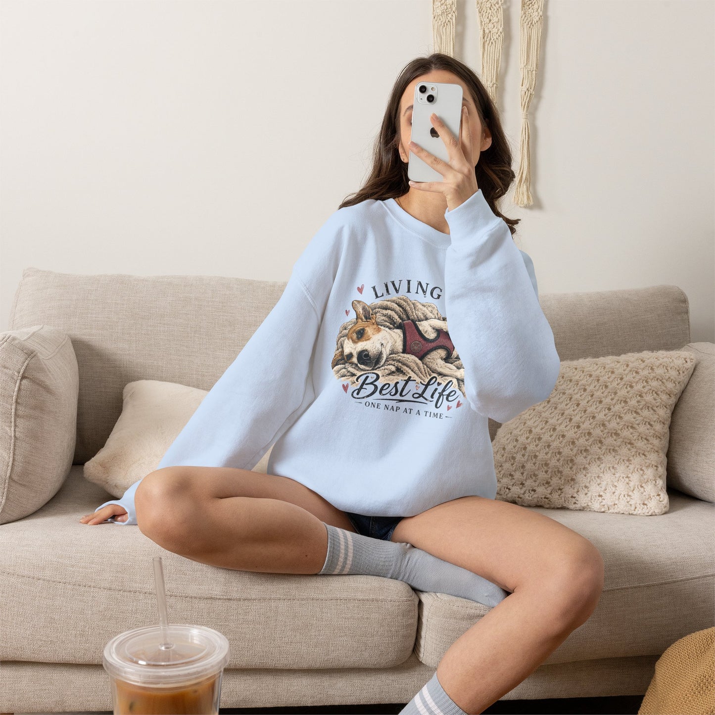 Crewneck Sweatshirt — "Living My Best Life" Cozy Dog Nap Graphic