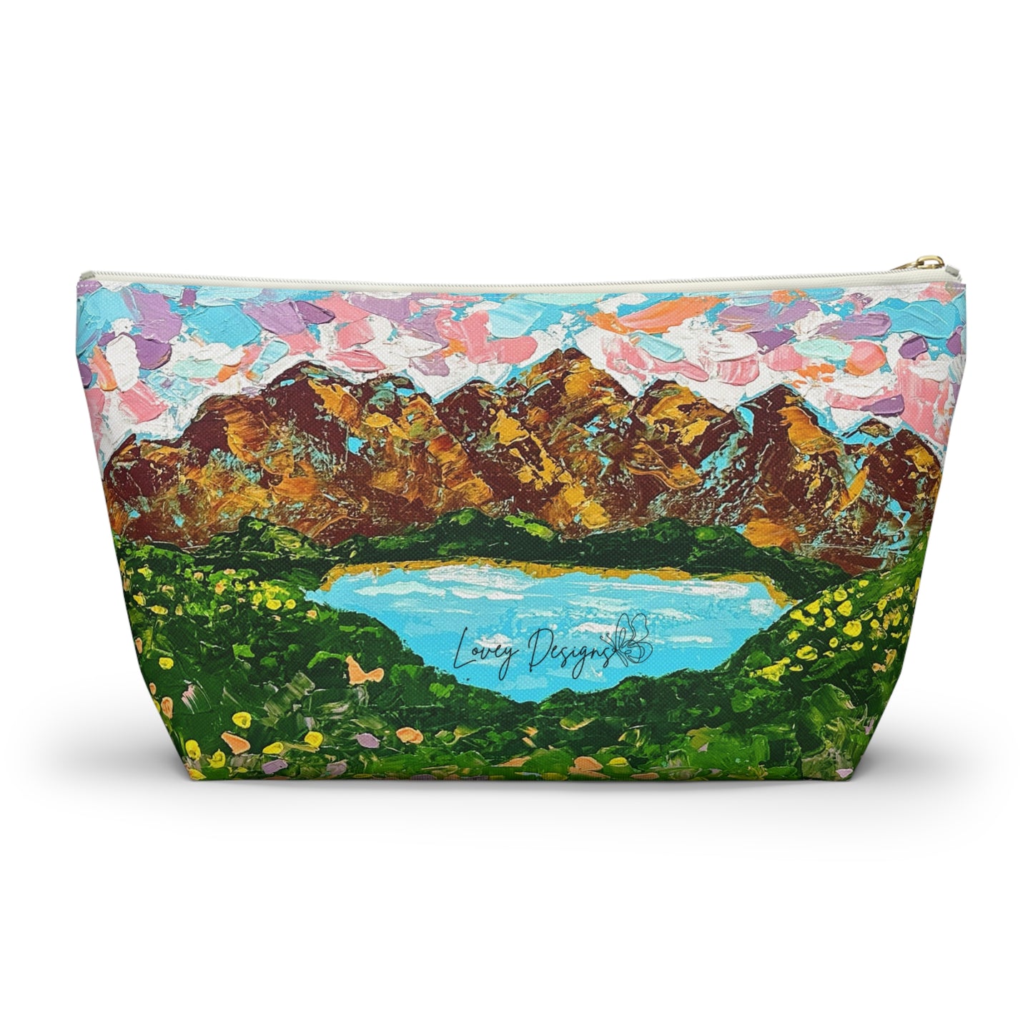 Faith Moves Mountains Accessory Pouch — Floral Landscape T-Bottom Makeup Bag