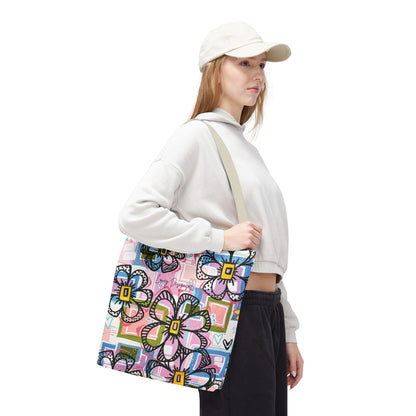 Floral Pop Art Tote Bag — Colorful Hand-Drawn Flowers AOP