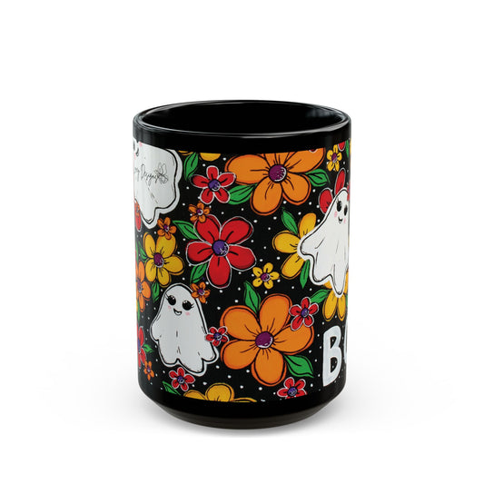 Whimsical Halloween Mug, Black Ghost Mug, Floral Boo Mug, Cute Halloween Gift, Spooky Coffee Cup - "Haunted Garden"