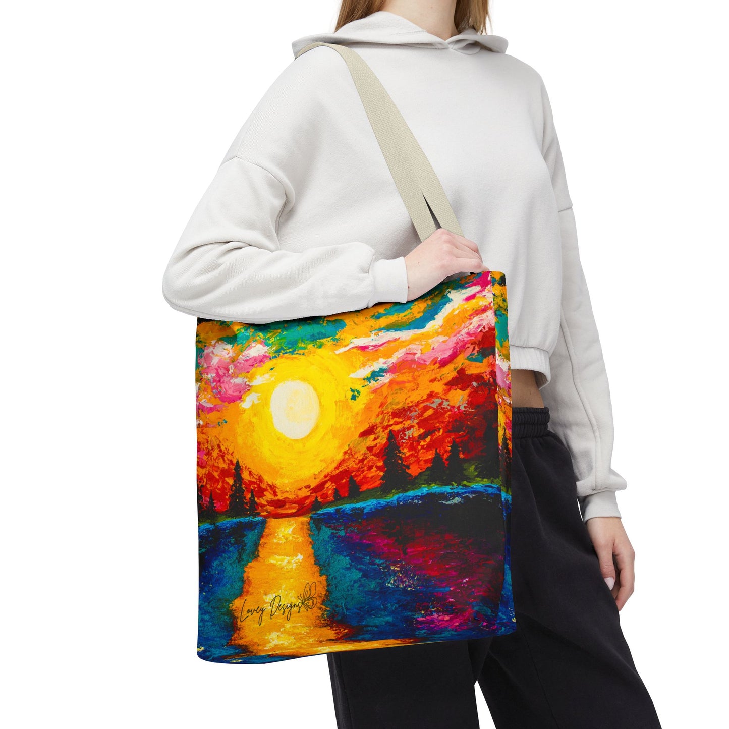 Sunset Lake Tote Bag – Vibrant Hand-Painted Sunset Canvas Carryall