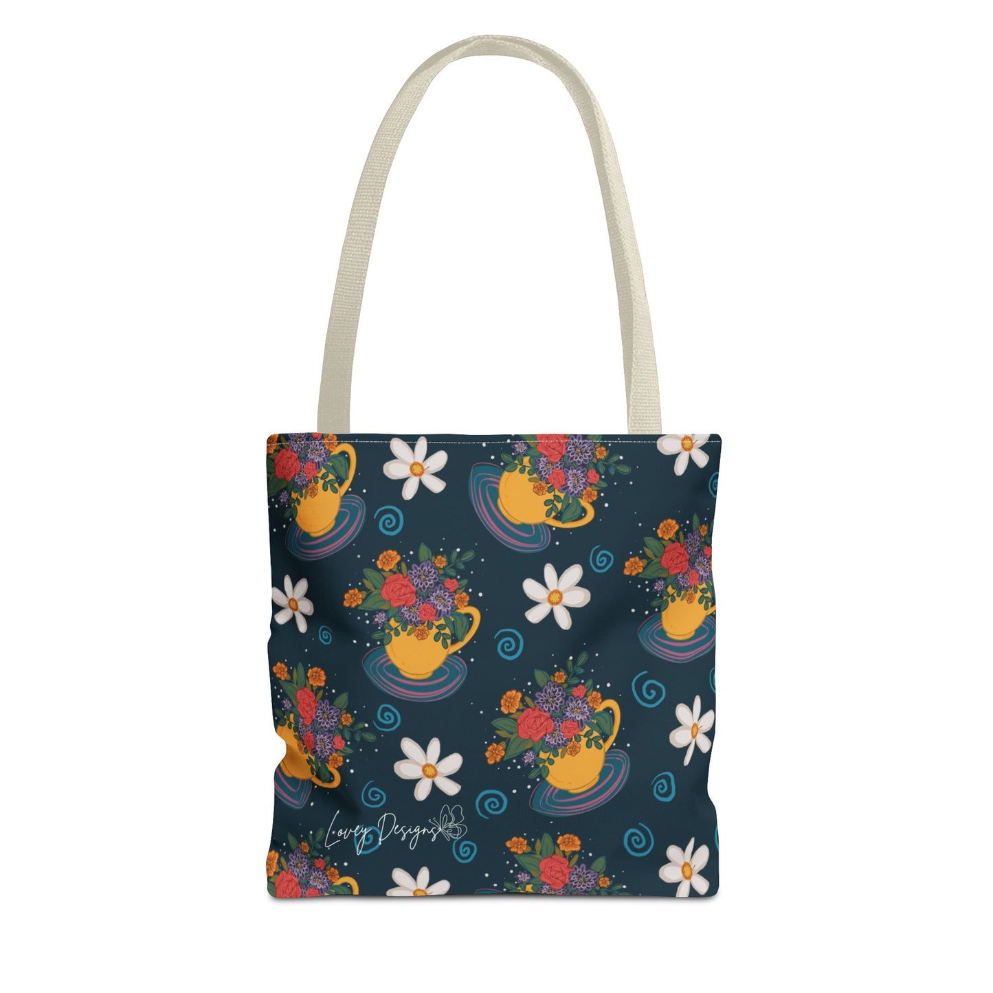 Floral Teacup Pattern Tote Bag – Vintage Daisies & Bouquet All-Over Print