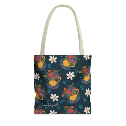 Floral Teacup Pattern Tote Bag – Vintage Daisies & Bouquet All-Over Print