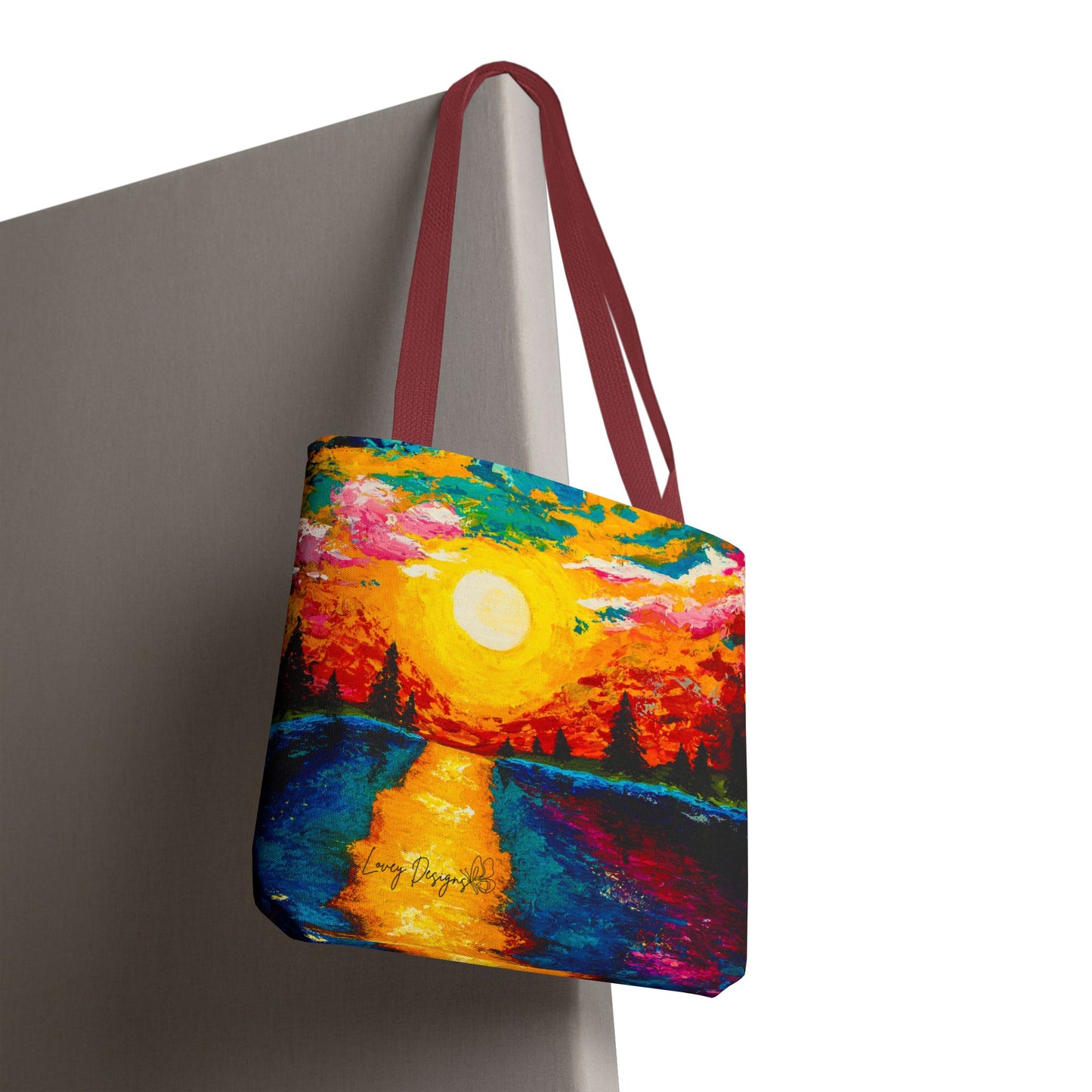 Sunset Lake Tote Bag – Vibrant Hand-Painted Sunset Canvas Carryall