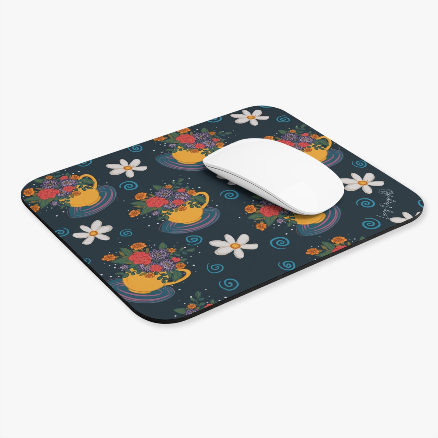Floral Teacup Mouse Pad — Navy Garden Pattern