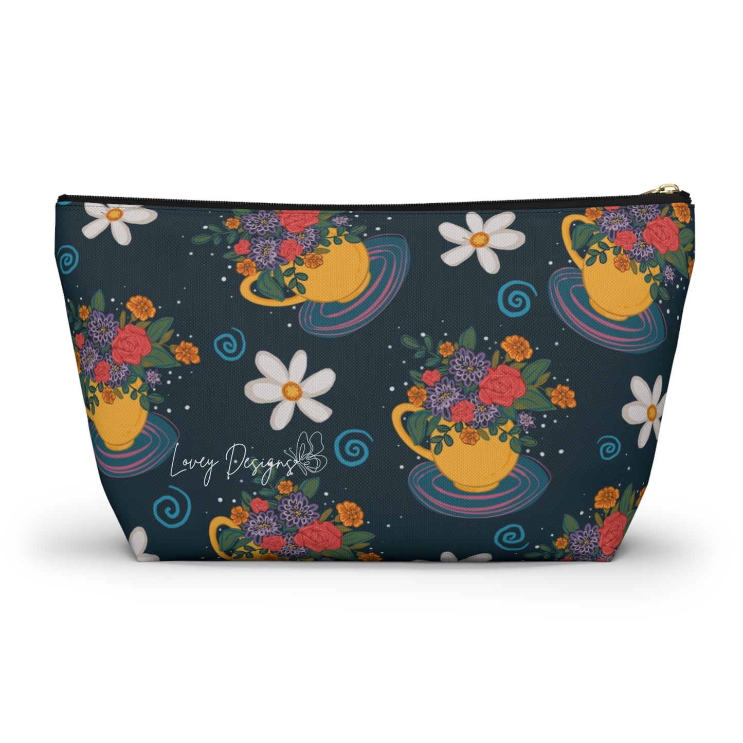 Floral Teacup Accessory Pouch — Zippered Makeup Bag with T‑Bottom