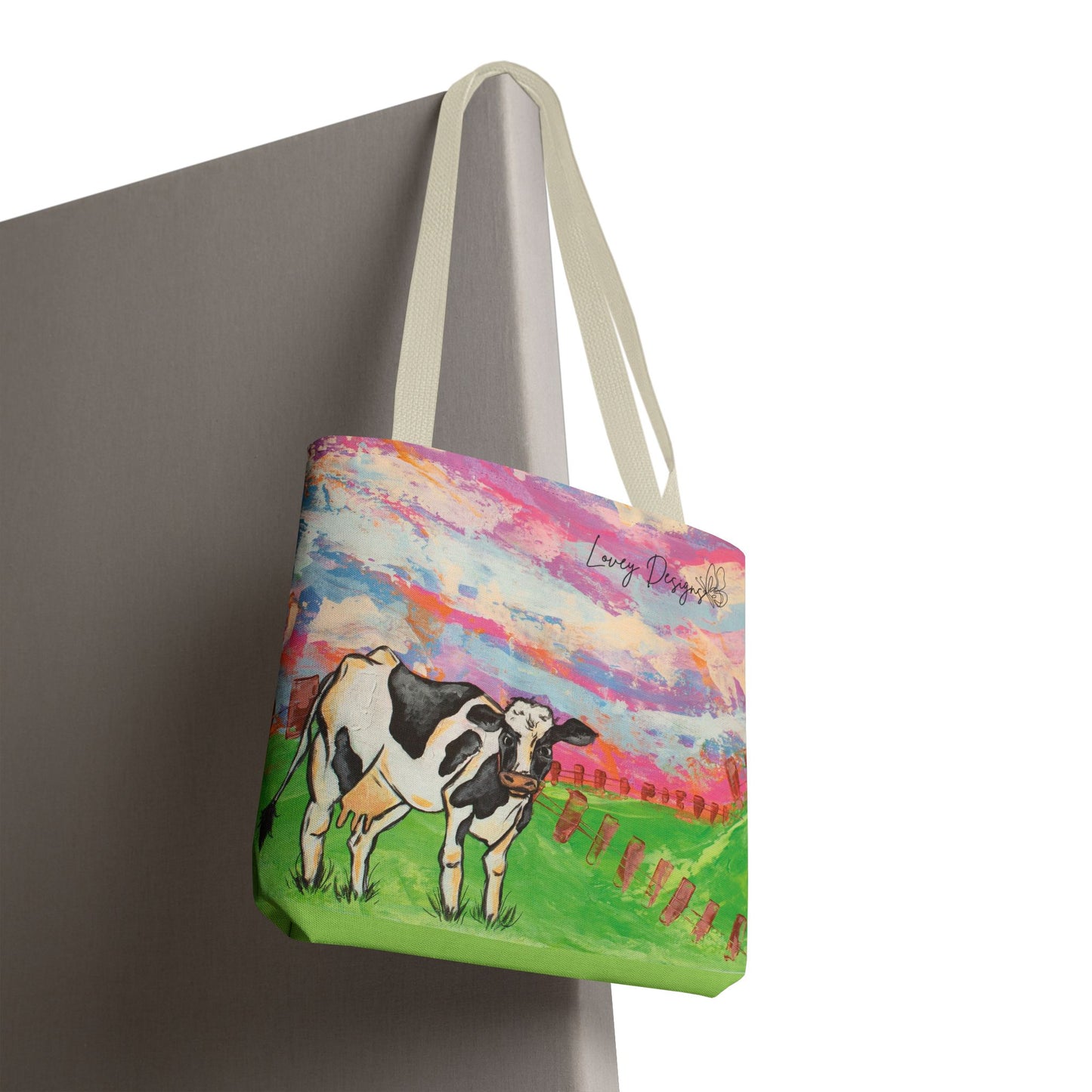 Cow Art Tote Bag — 'Love, Days' Pastel Farm Illustration