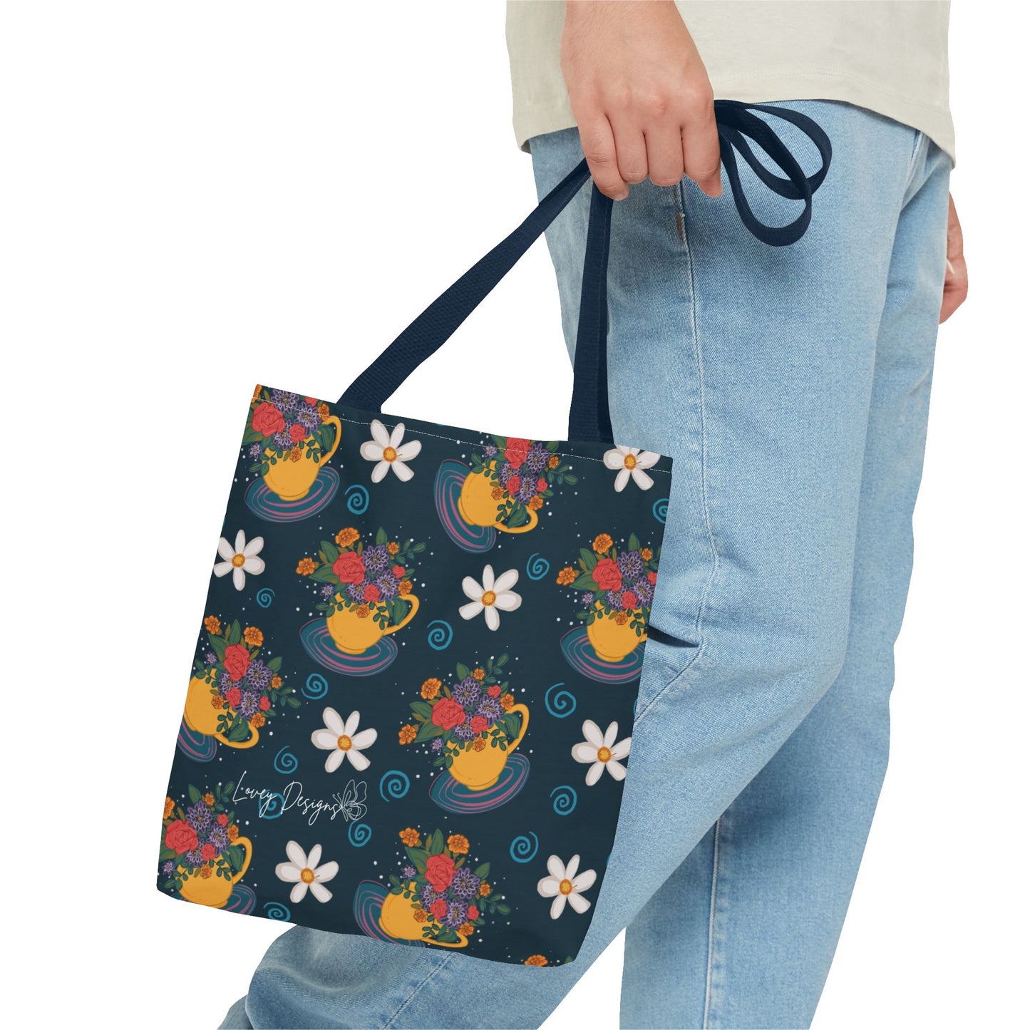 Floral Teacup Pattern Tote Bag – Vintage Daisies & Bouquet All-Over Print