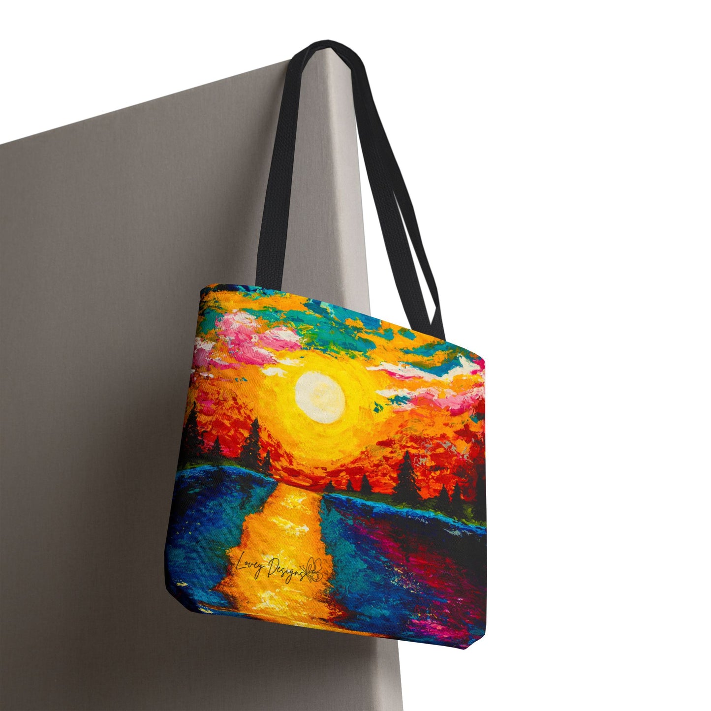 Sunset Lake Tote Bag – Vibrant Hand-Painted Sunset Canvas Carryall