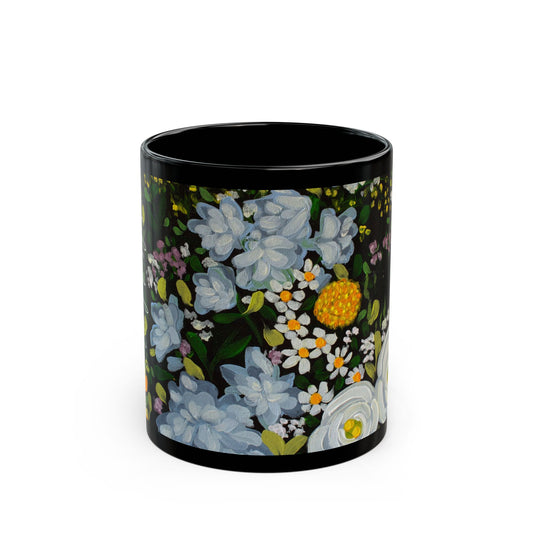 Floral Midnight Garden Black Mug — White & Yellow Blossom Coffee Cup (11oz/15oz)