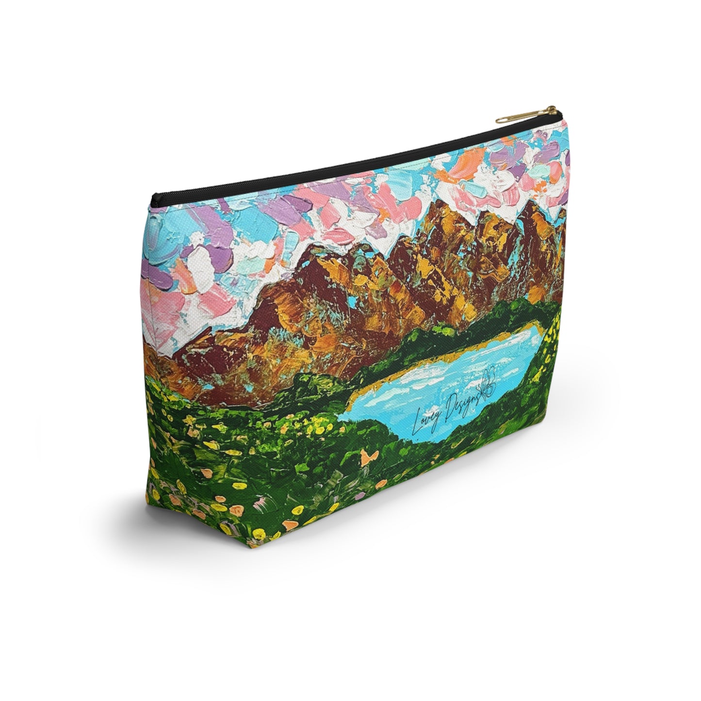 Faith Moves Mountains Accessory Pouch — Floral Landscape T-Bottom Makeup Bag