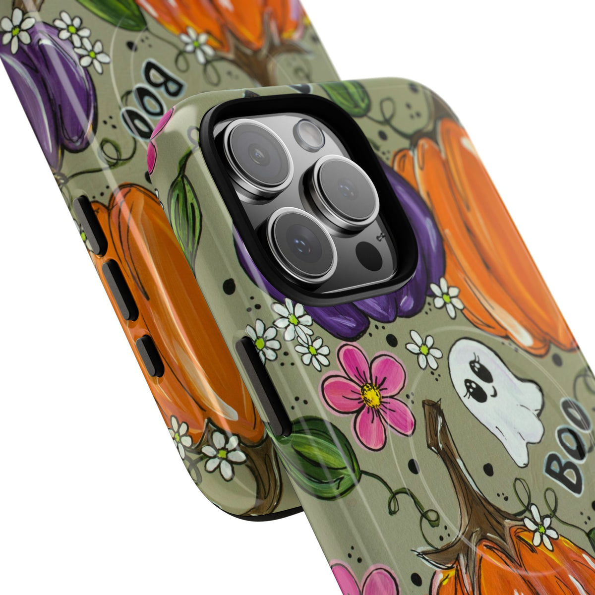 Halloween Pumpkin Ghost Tough Magnetic Phone Case — 'Boo' Fall Floral iPhone Cover