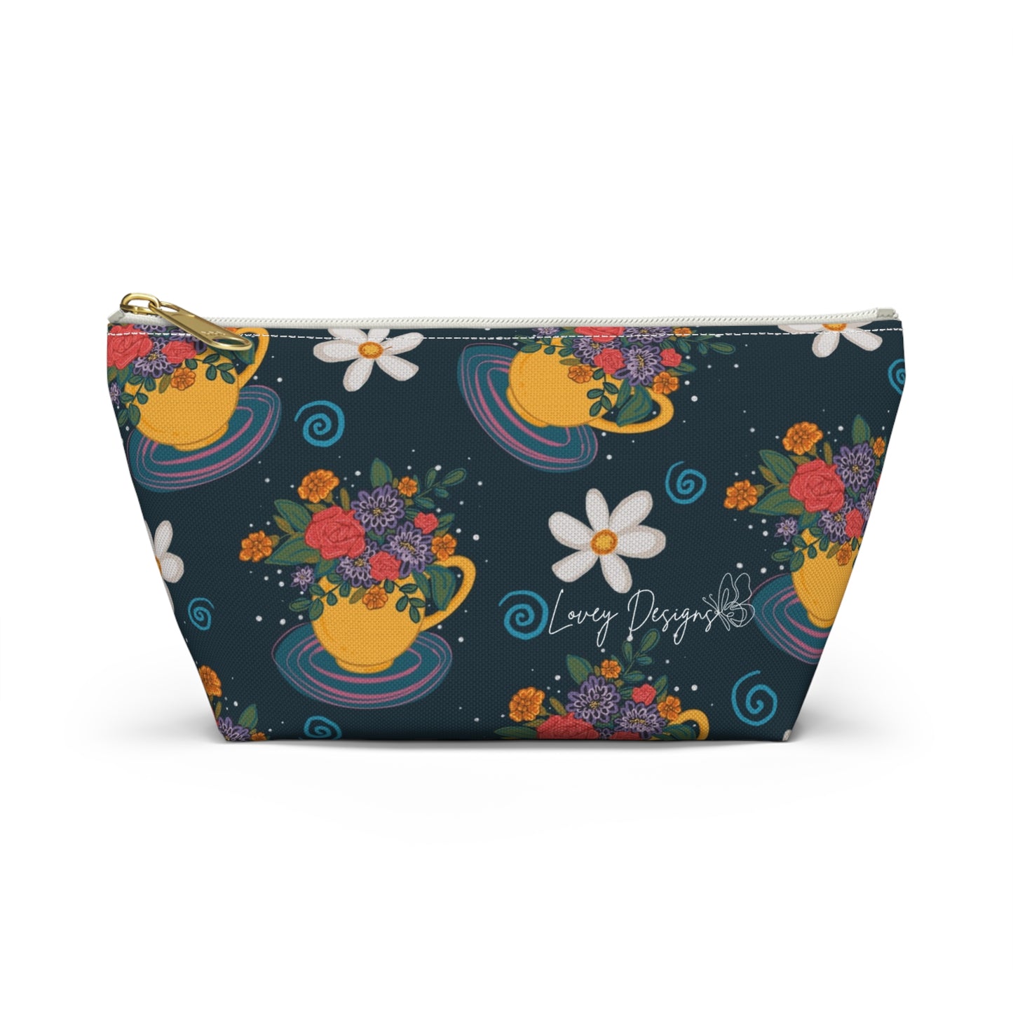 Floral Teacup Accessory Pouch — Zippered Makeup Bag with T‑Bottom