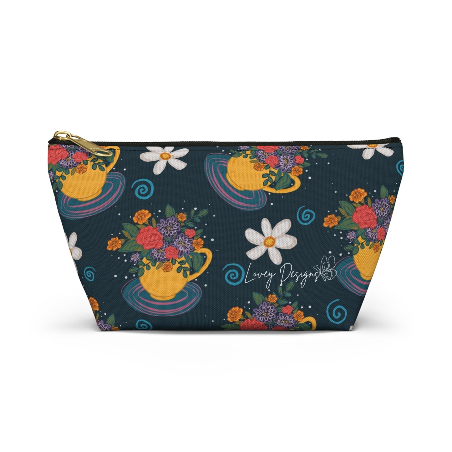 Floral Teacup Accessory Pouch — Zippered Makeup Bag with T‑Bottom